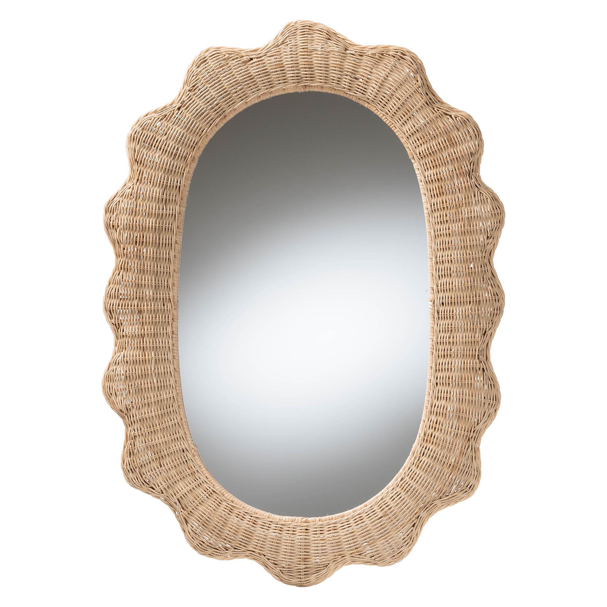 bali & pari Makoto Scalloped Natural Rattan Wall Mirror - Handwoven Wicker Oval Frame, Boho Coastal Accent Wall Decor for Entryway, Bedroom, or Living Room